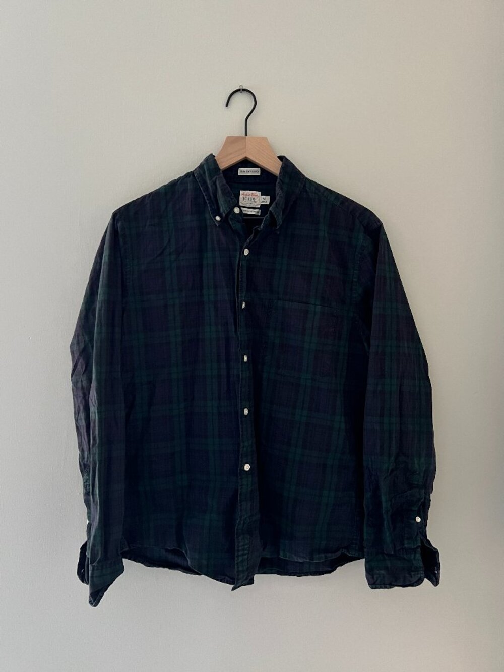 J. Crew Secret Wash Slim Untucked Navy & Green Plaid Button Down